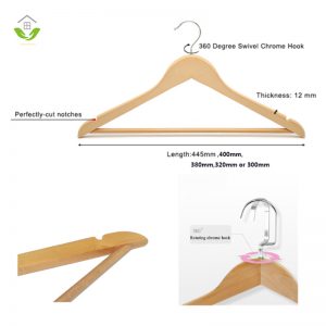 HSWDT66001 Wood Clothes Hanger with bar,Natural with hook, Anti slip Clothes Hanger with hook and pat bar